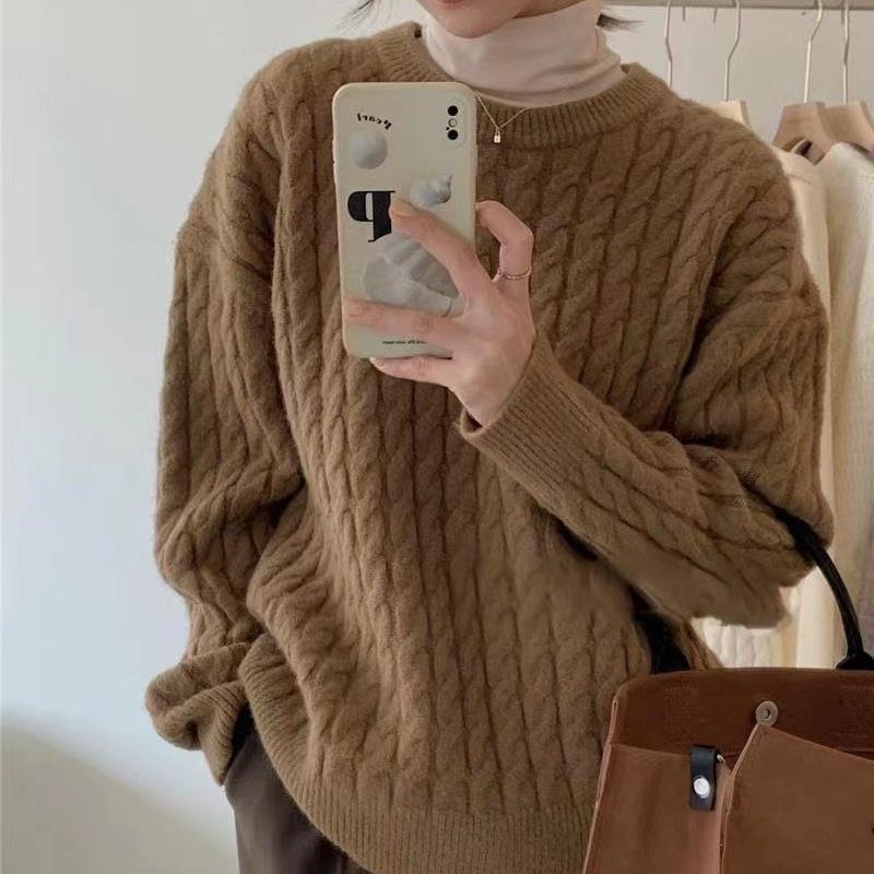 1011 autumn new retro lazy wind sweet temperament twist pullover women's casual loose knitted sweater