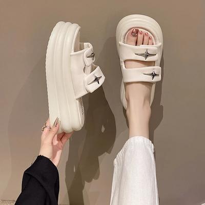 7 см каблук толстый платформа тапочки для женщин открытый носок кожаные танкетки сандалии женские летние толстые подошвы женские пляжные шлепанцы