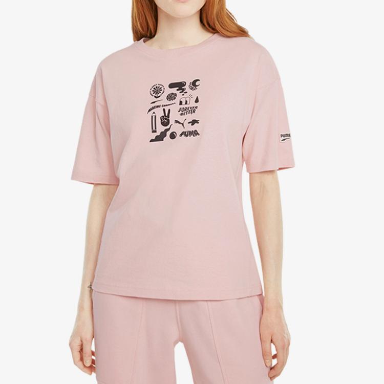 Puma Повседневная спортивная футболка с круглым вырезом и мультяшным принтом, женские топы с короткими рукавами, розовые 533050-36