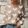 VEZFAA Женская мода Повседневный Осень Зима Love Letter Print Длинные рукава O-образный вырез свитера