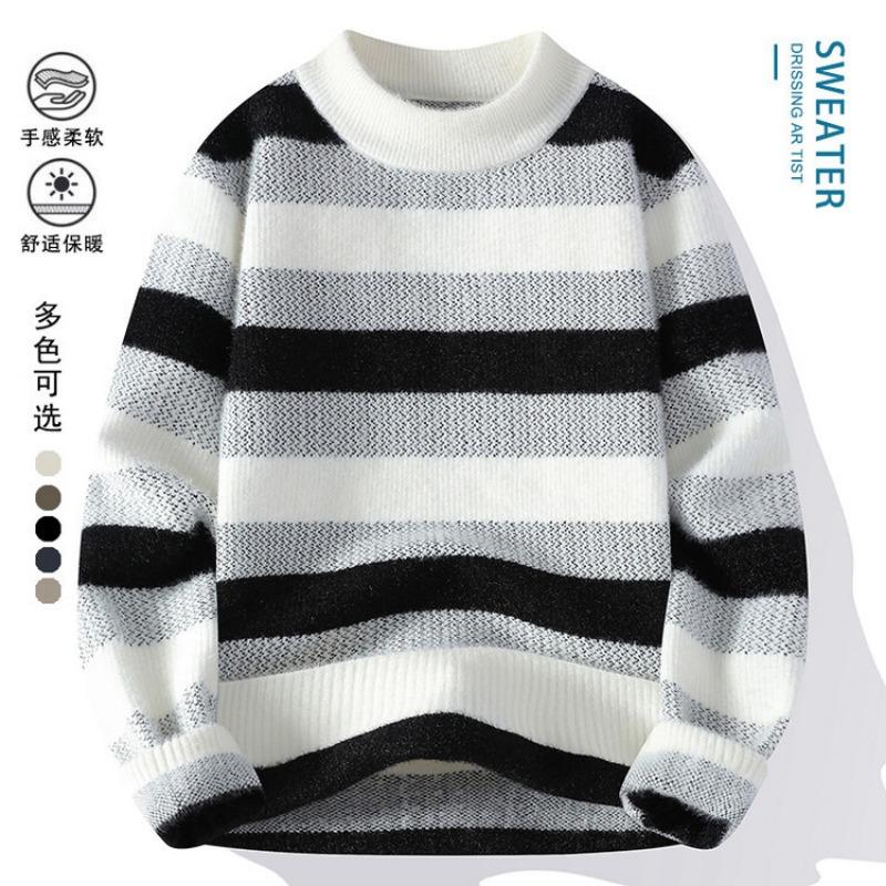Men S Fashion Thick Pullover Crew Neck Long Sleeve Striped Sweater