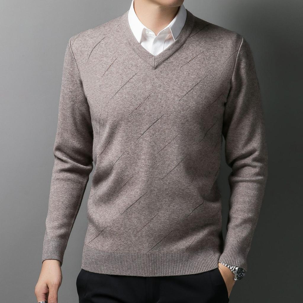 Man Autumn and Winter Clothes Middle-aged V-neck Sweater Men's Thickened Sweater Knitted Base Shirt