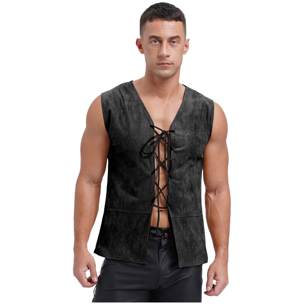 Mens Pirate Cowboy Vest Lace Up Front Solid Color Waistcoat Medieval Cosplay Halloween Costume