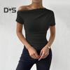 Женская летняя футболка с косым воротником и коротким рукавом, приталенная футболка, однотонный пуловер с боковыми сборками, топы