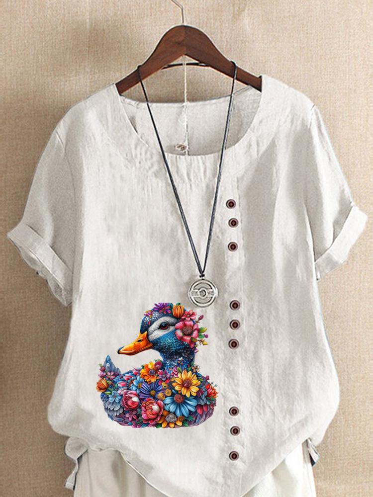 Women's Fashion Flower Duck Print Casual Cotton Linen Short Sleeve Round Neck T-shirt Shirt Leisure Loose Summer Blouse Tops