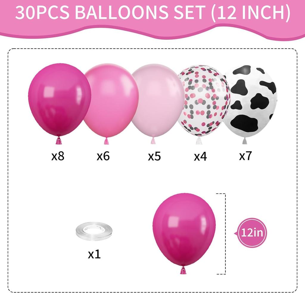 30pcs Pink Cow Print Balloon 12inch Pastel Pink Hot Pink Latex Balloons Set for Farm Birthday Party Baby Shower Decor Globos