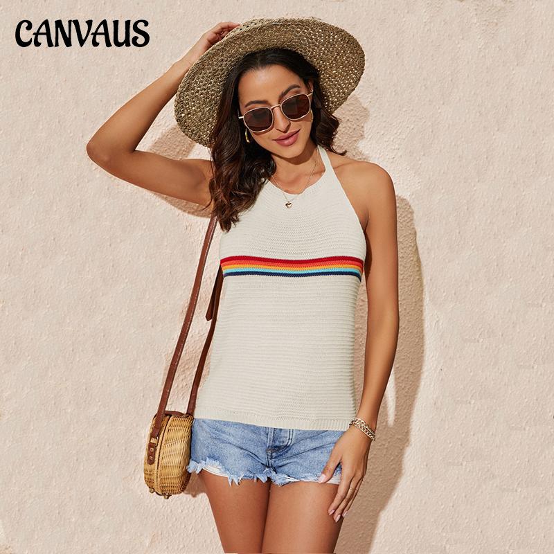 Spring and Summer Women's Vest Rainbow Colorful Hanging Neck Top Fashion Backless Knitted Tops Lace-up Undershirt Female Vest