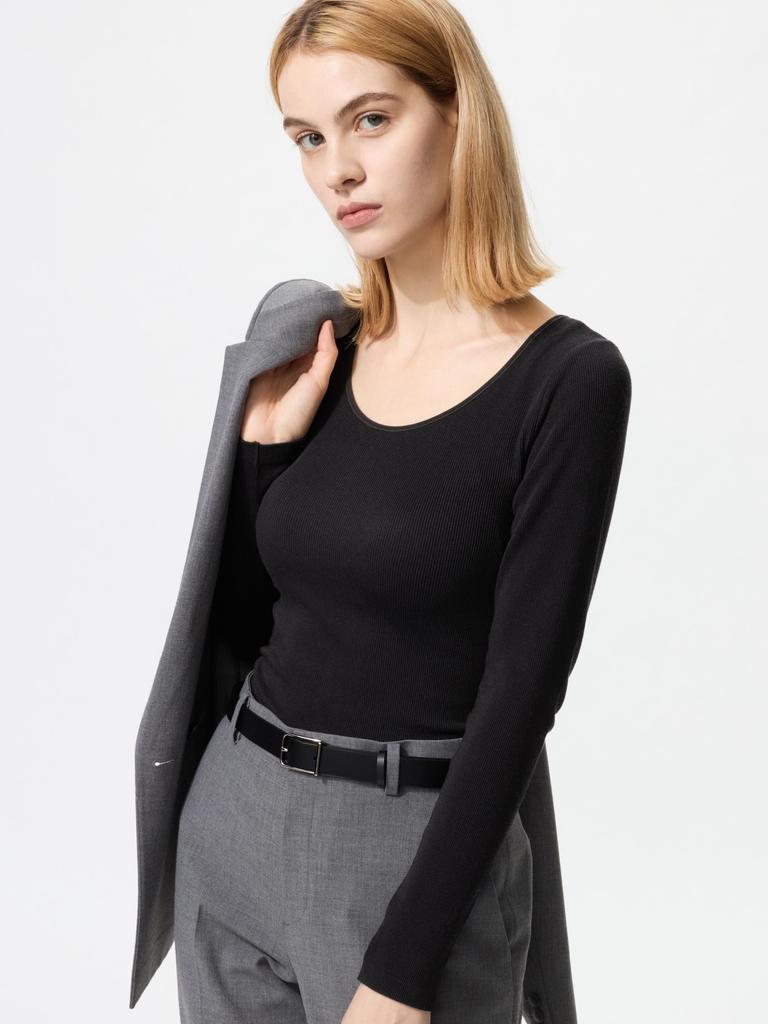 Uniqlo Ультра теплое термобелье с рубчиком, с U-образным вырезом, футболка с длинным рукавом