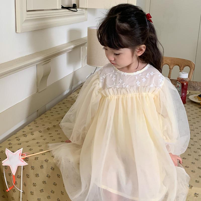 Детская одежда, весна-лето, тонкое кружевное тюлевое платье с длинными рукавами, корейский стиль, модные сетчатые платья принцессы для девочек, милые сказочные платья