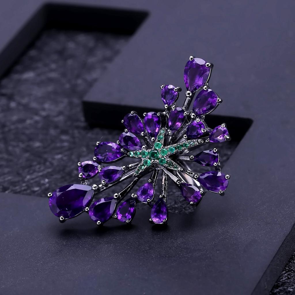 Оригинальное дизайнерское кольцо с натуральным аметистом, звездное небо, высококачественные украшения, кольцо из серебра 925 пробы с инкрустацией драгоценными камнями
