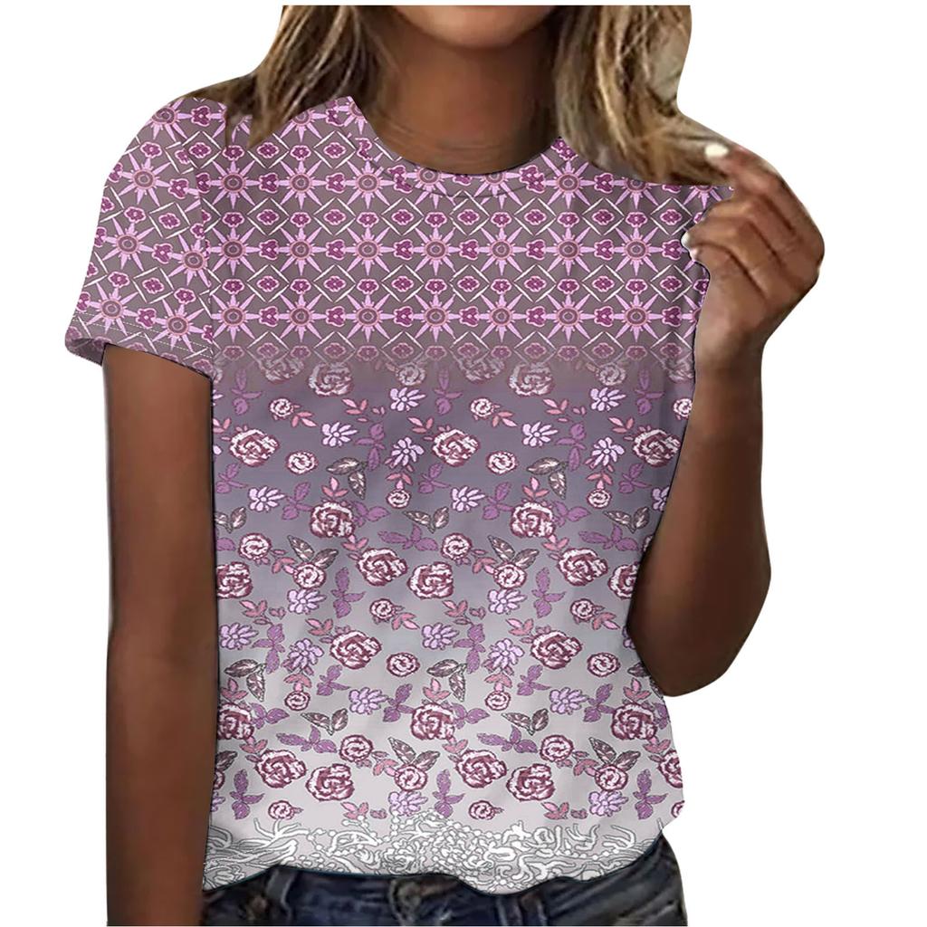 Summer Round Neck Beautiful Floral Print Top Fashionable Casual Short Sleeved Women's T-shirts