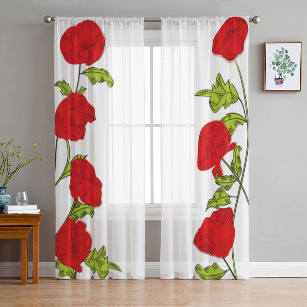 Poppies White Background Tulle Curtain For Living Room Sheer Valance Curtain For Kitchen Bedroom Window Drapes