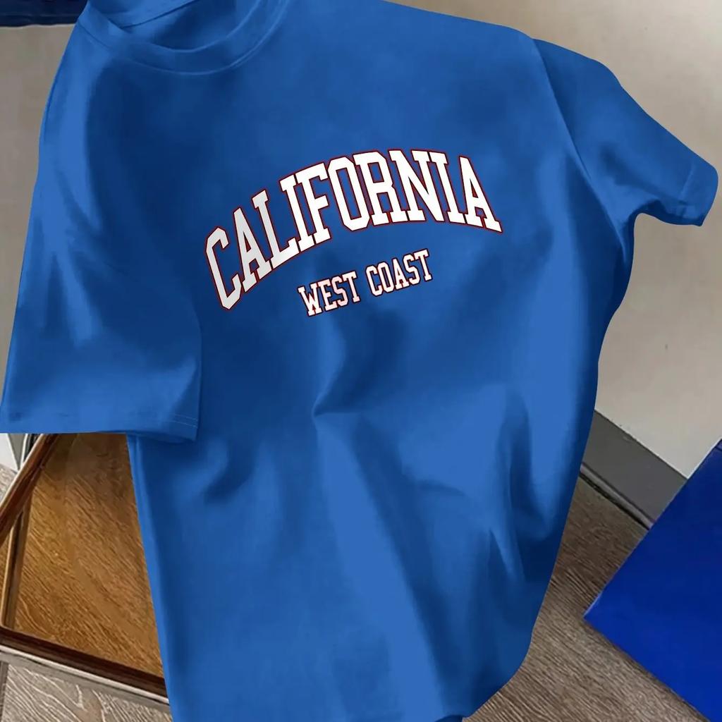 Fashionable California Letter Print Men's T-shirt, 100% Cotton Soft and Loose Casual Round-neck Short-sleeved T-shirt for Men In
