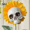 Creepy Garden Ornament Sunflower Skull Ornament, Halloween Theme Decor, Potted Housewarming Plant Waterproof Outdoor Decoration, for Lawn Patio