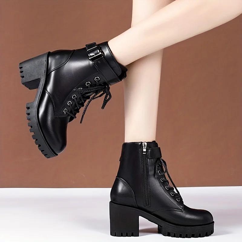 Women'S Solid Chunky Heel Boots Fashion Lace Up Shoes For Women Side Zipper Boots Stylish Buckle Strap Detailed Ankle Boots