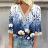 Женская модная футболка с V-образным вырезом и кружевным винтажным цветочным принтом, повседневный топ с семью рукавами
