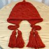 New Year Red Hat for Women Autumn and Winter Warm Woolen Tassel Pullover Hat Hand Knitted Ear Protection Hat Japanese Ins