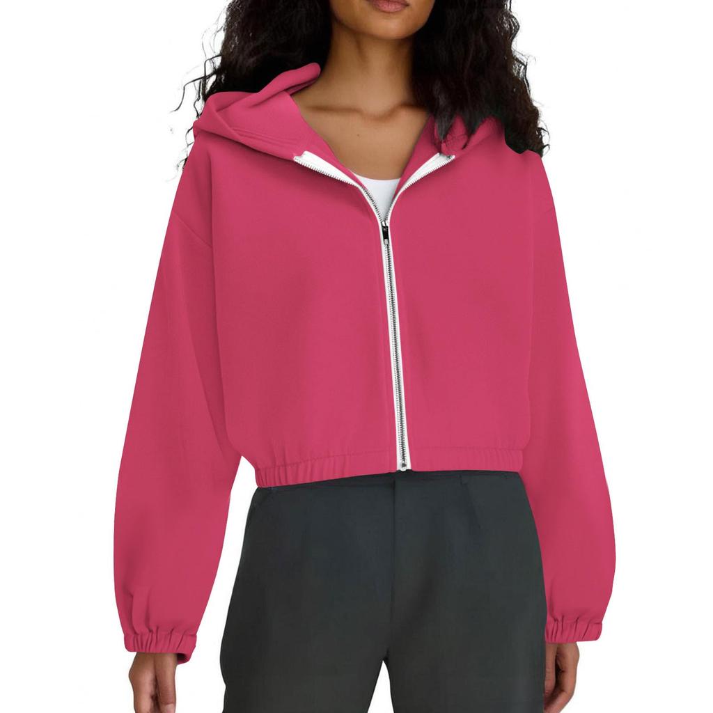 Women's Fashion Solid-Color Hooded Jacket Short-Length Zipper Sweatshirt Outerwear