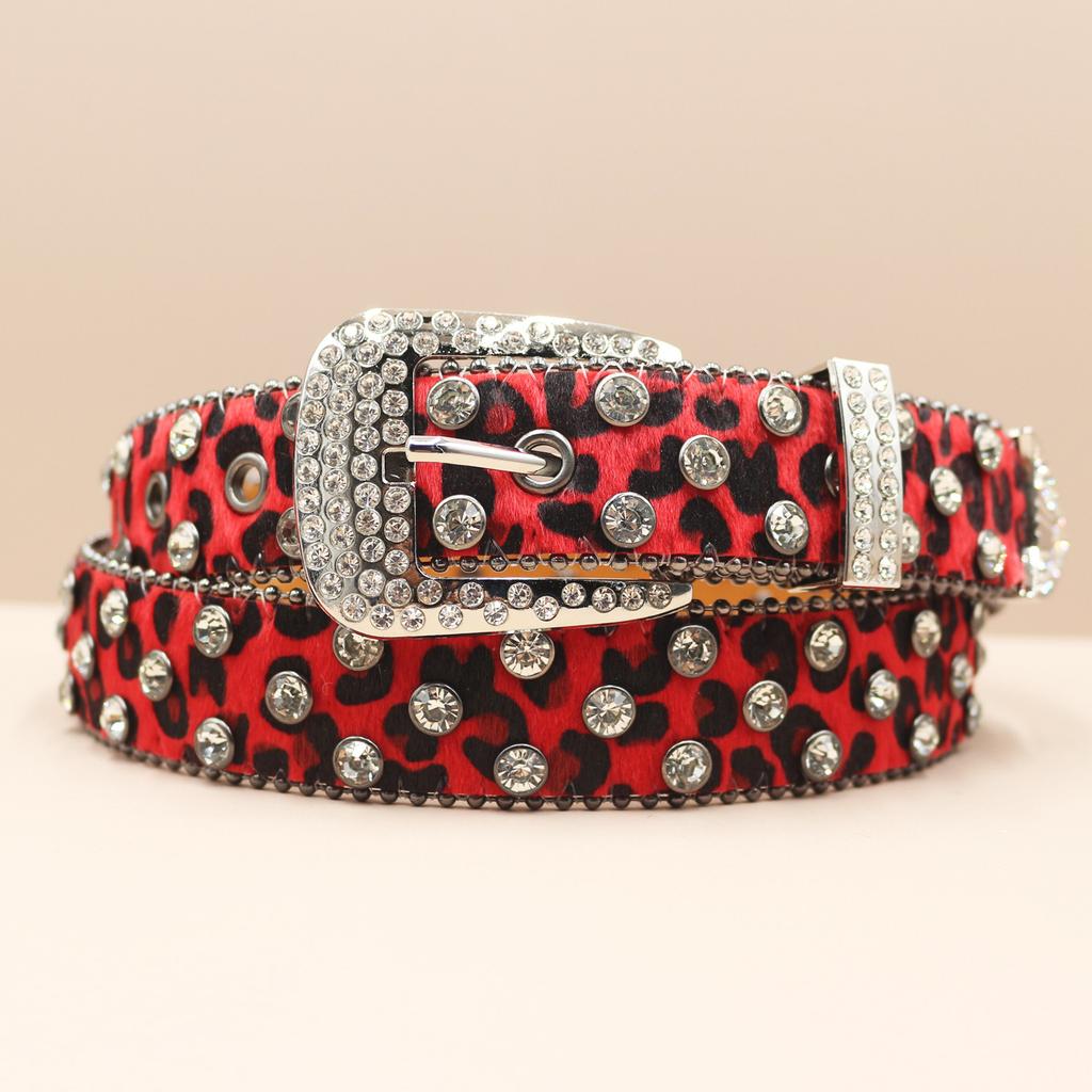Cross Belt Leopard Print Western Rhinestone Belt Personalized Denim Woman Rivet Jeans Belt