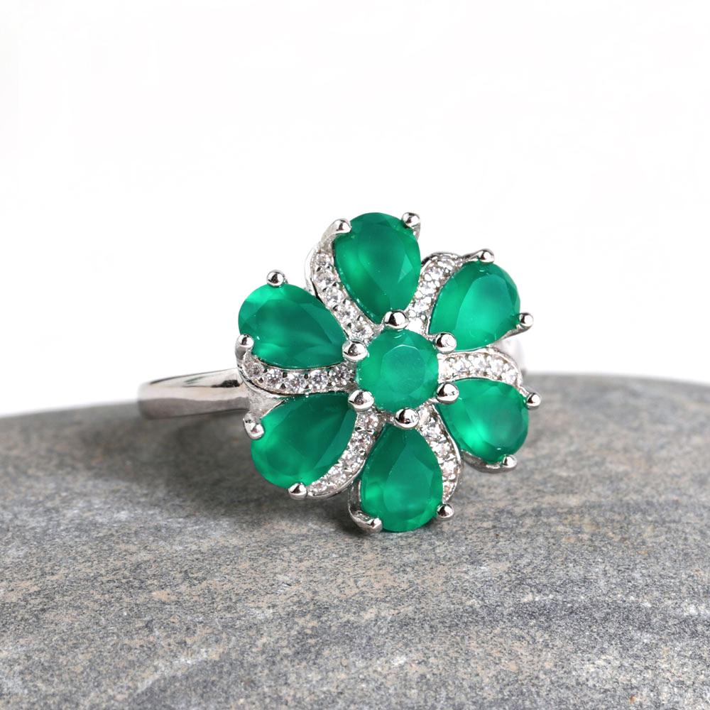 Elegant Natural Green Agate Gemstones Flower Design Ring 925 Sterling Silver Fine Jewelry for Women Valentines Gift