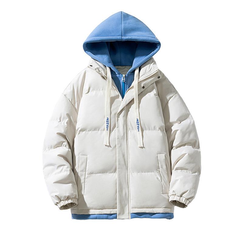 Зимняя новая одежда для хлеба, мужская утолщенная хлопковая подкладка, свободная трендовая поддельная двухкомпонентная хлопковая куртка с капюшоном