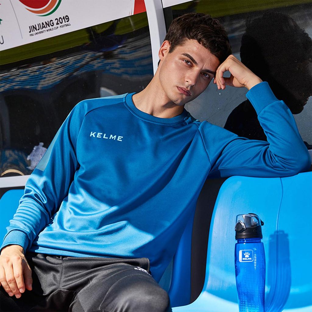 Kelme Men's Knitted Crew Neck Sweatshirt, Long Sleeve, Football Sweatshirt, Pullover, Soccer Uniform, Spring and Autumn Training Wear, A Blue, Size L