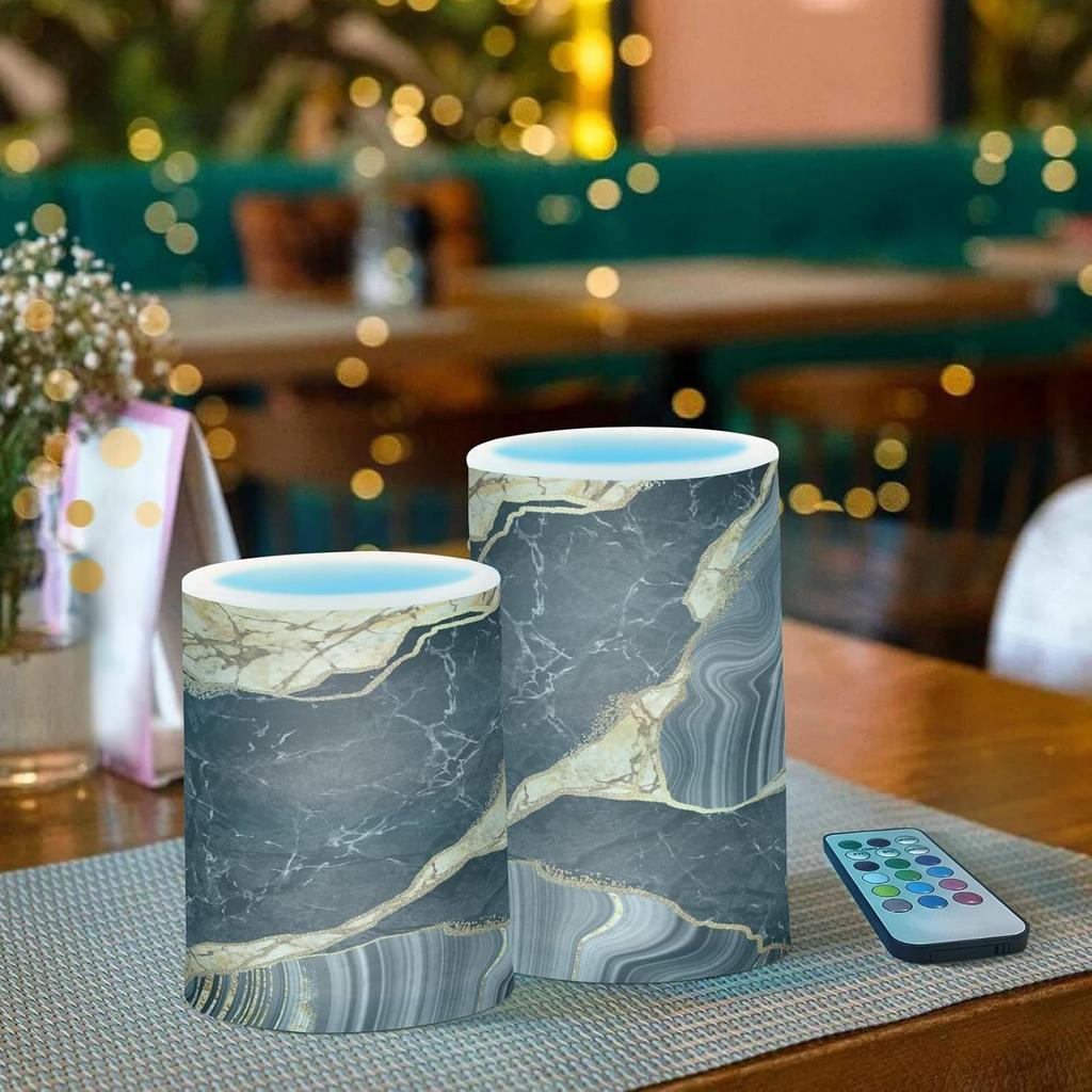 Flameless Candles Battery Operated Black Gold Marble Flickering LED Pillar Candles with Remote Control Colour Changing Warm Light Candles for Wedding