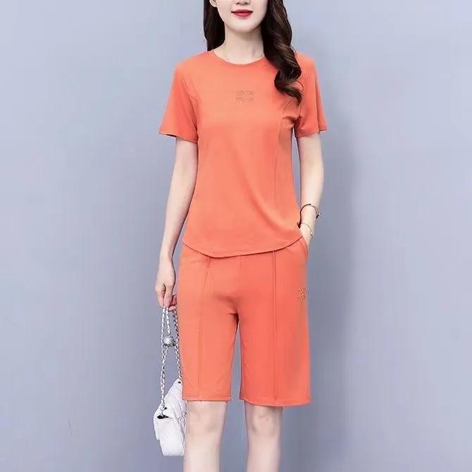 Женский летний повседневный спортивный костюм с круглым вырезом и коротким рукавом, комплект из двух предметов + брюки