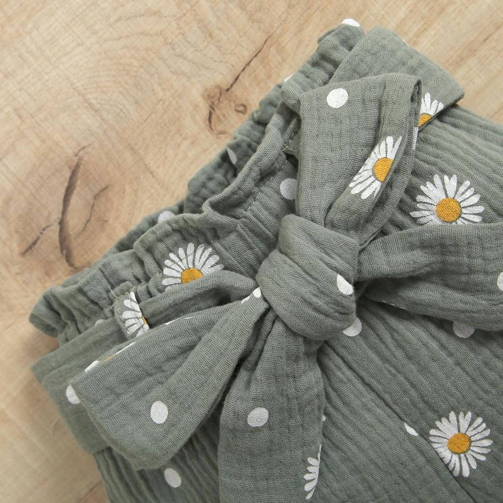 Комбинезон из 3 предметов для маленьких девочек, однотонный комбинезон в рубчик с длинными рукавами + длинные брюки со рюшами в виде ромашек и поясом + повязка на голову с бантом