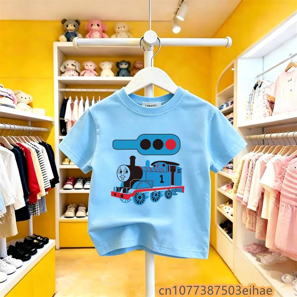 Summer Outdoor Tshirt Toddler Kids Thomas Train Cartoon Print Pure Cotton Short Sleeve Y2K Cute Fun Trendy Apparel