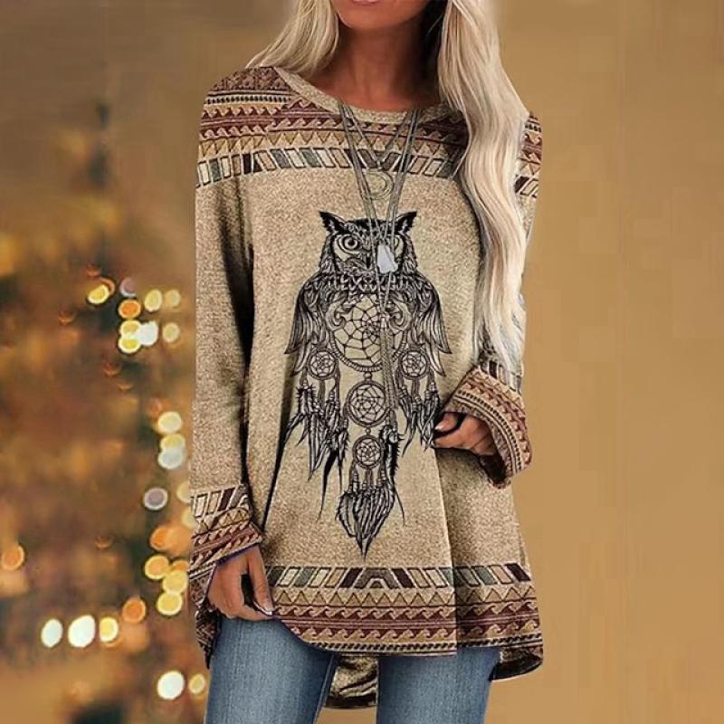 Этническая футболка с 3d принтом, женские модные футболки, повседневные топы с длинными рукавами, осенние свободные винтажные футболки с графическим принтом в стиле Харадзюку