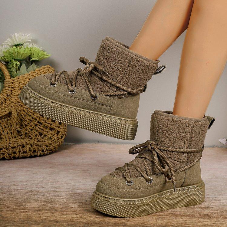 Women Autumn Winter Warm Ankle Snow Boots Fashion Cross-Tied Genuine Leather Flats Platforms Shoes Women Casual Mid-tube Boots
