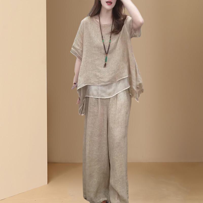 Женские винтажные широкие брюки, повседневные лоскутные блузки, брюки, комплекты из 2 предметов, свободный костюм, большой размер