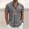 Мужская геометрическая клетчатая рубашка на пуговицах, повседневная, модная, для отдыха на природе, уличный тренд, рубашка с 3D-принтом, с коротким рукавом