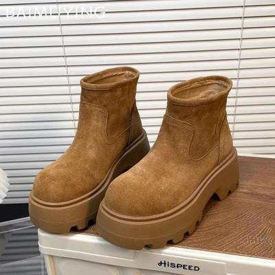 Замшевые женские ботинки на платформе для снега, теплые туфли на плоской подошве, повседневная женская обувь 2025 года, трендовая зимняя готическая короткая плюшевая мотоциклетная обувь Botas De Mujer