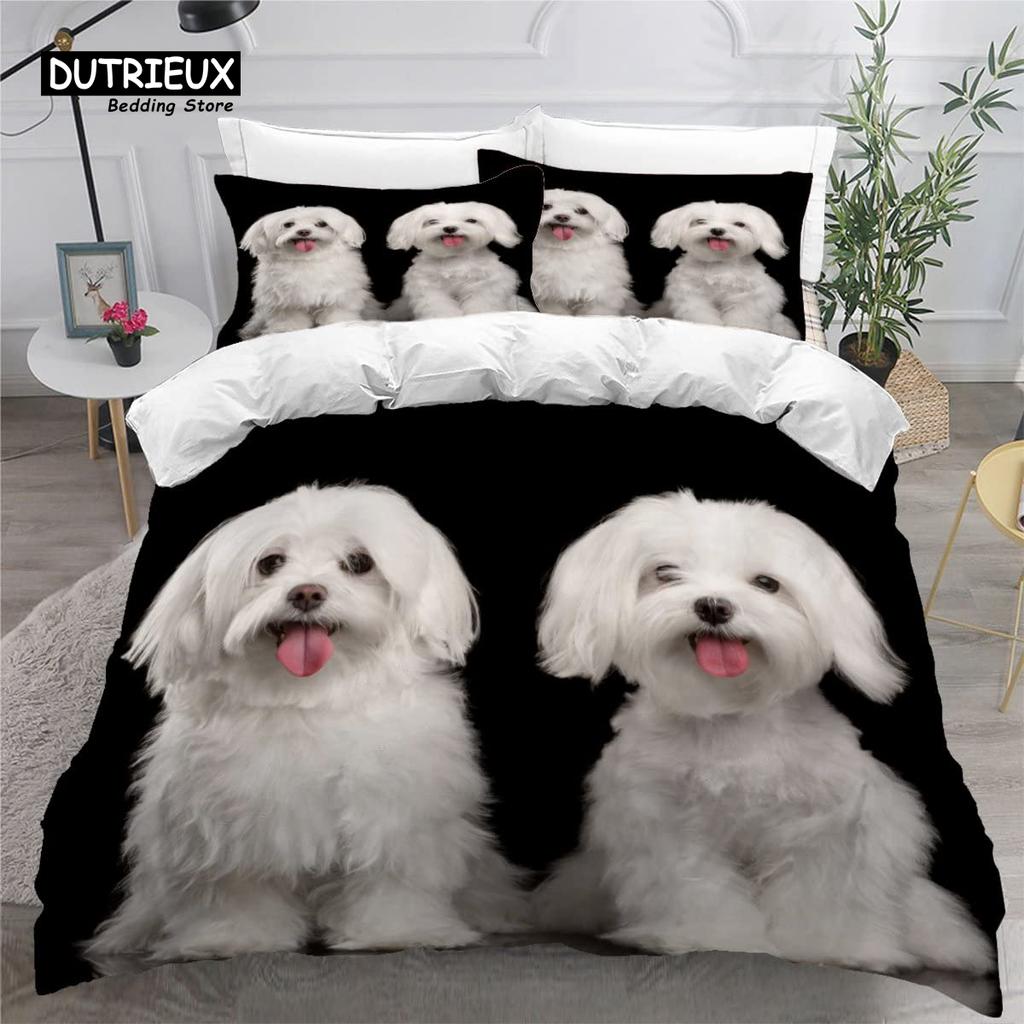 Cute Maltese Dog Duvet Cover Set Pet Dogs Theme Bedding Set Microfiber Kawaii Animal Comforter Cover Twin King For Kids Teens