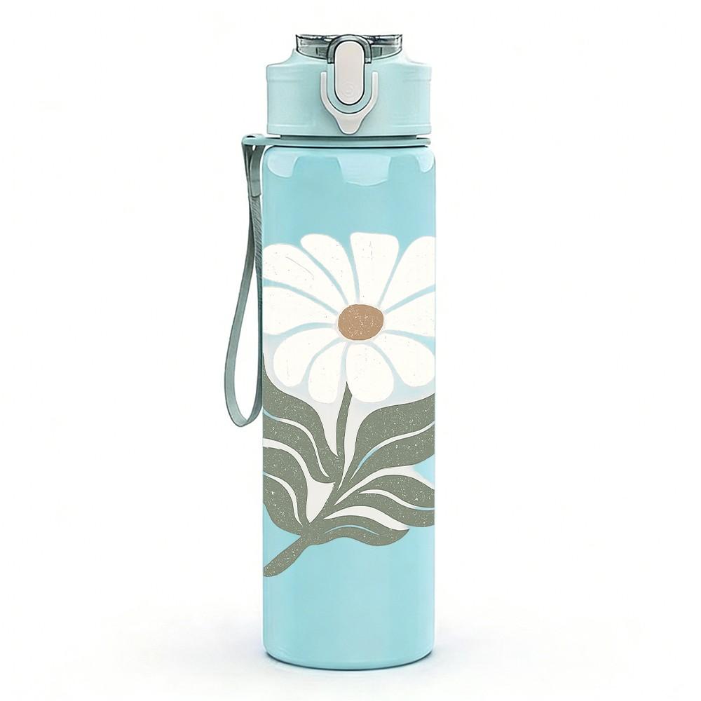 1PC Simple White Daisy Leaf Art 750ml Color Plastic Sports Water Bottle Leakproof Flip Straw Lid Suitable for Sports Office Home Use