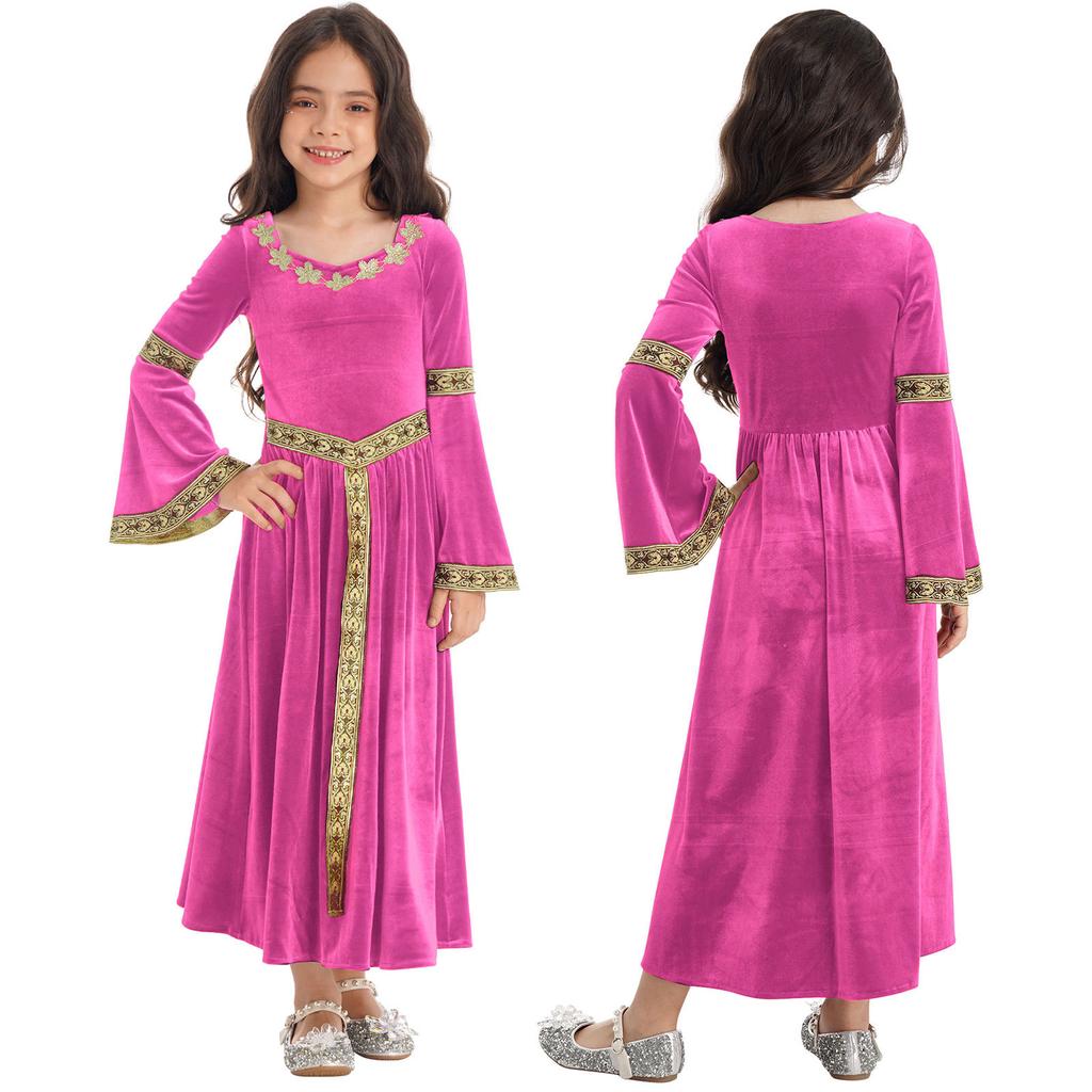 Kids Girls Stylish Medieval Princess Long Flare Sleeve Vintage Pattern Dress