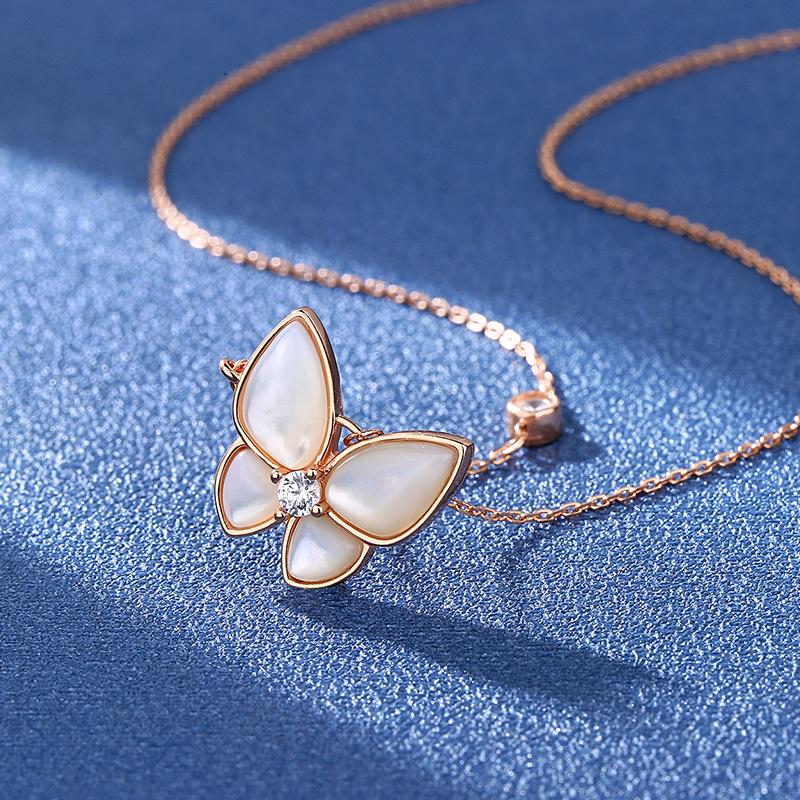 Sterling Silver S925 Moissanite Butterfly Necklace White Shell Clavicle Chain Plating Champagne Gold Necklace