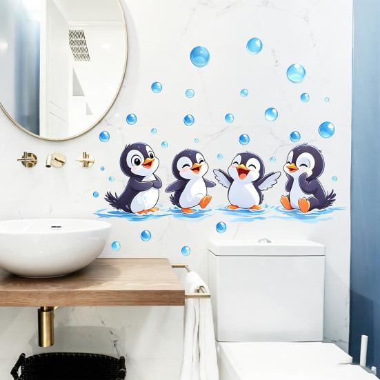Penguin Wall Decals, Cute 4 Happy Penguins Bathing Decor, Self Adhesive Removable Wall Stickers for Bathroom, Kids Room & Shower Wall Art