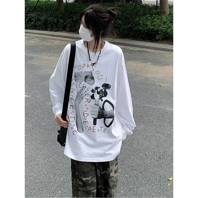 Женские футболки High Street Oversize, белые винтажные футболки с длинными рукавами и буквами, ручная роспись, топы в стиле хип-хоп, гранж, футболки Y2k, американские футболки