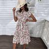 Vintage Summer Women Floral White V Neck Short Sleeve A Line Dress Medium Long Chic Sizes S XXL