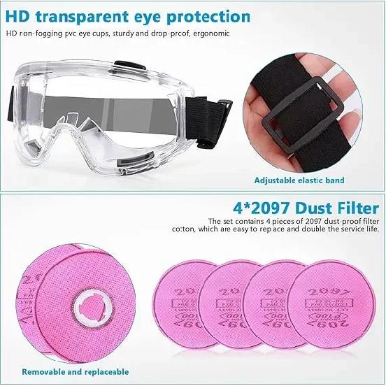 Reusable 6200 Respirator Gas Mask Half Face with 2097 Filter Goggles Sets for Epoxy Dust Paint Organic Vapor Welding Grinding