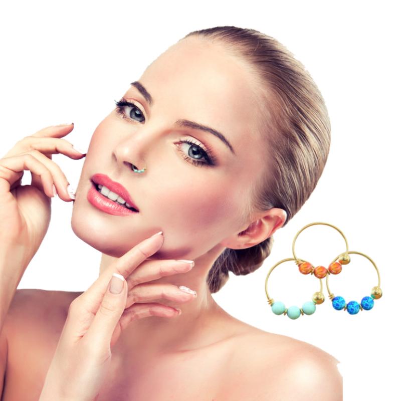 9K Yellow Gold 3 Pieces Opal Stones Hoop Nose Ring In Box - Quality Piercings