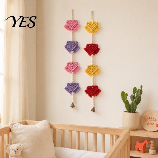 Bohemian Wall Art Braided Triangles Tapestry with Bell, Hanging Geometric Tapestry, Knotted Rope Hand-woven Pennant Wooden Beads for Home Nursery