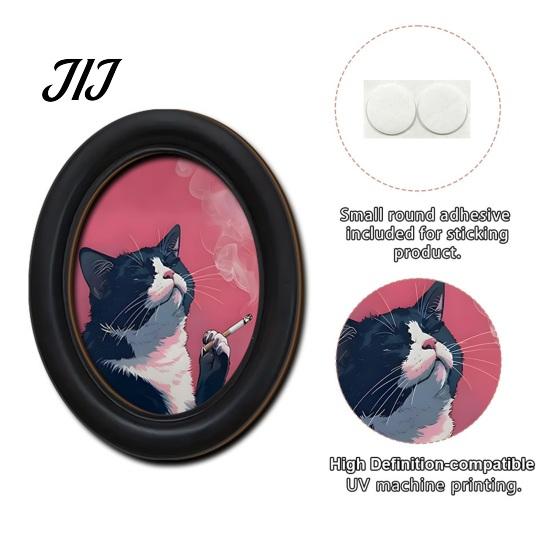 Decorative Wall Accents for Living Room Abstract Art Cat Decor, Oval 2D Wood Framed Funny Painting Unique Prints Print, Vintage Ornament Bedroom Home