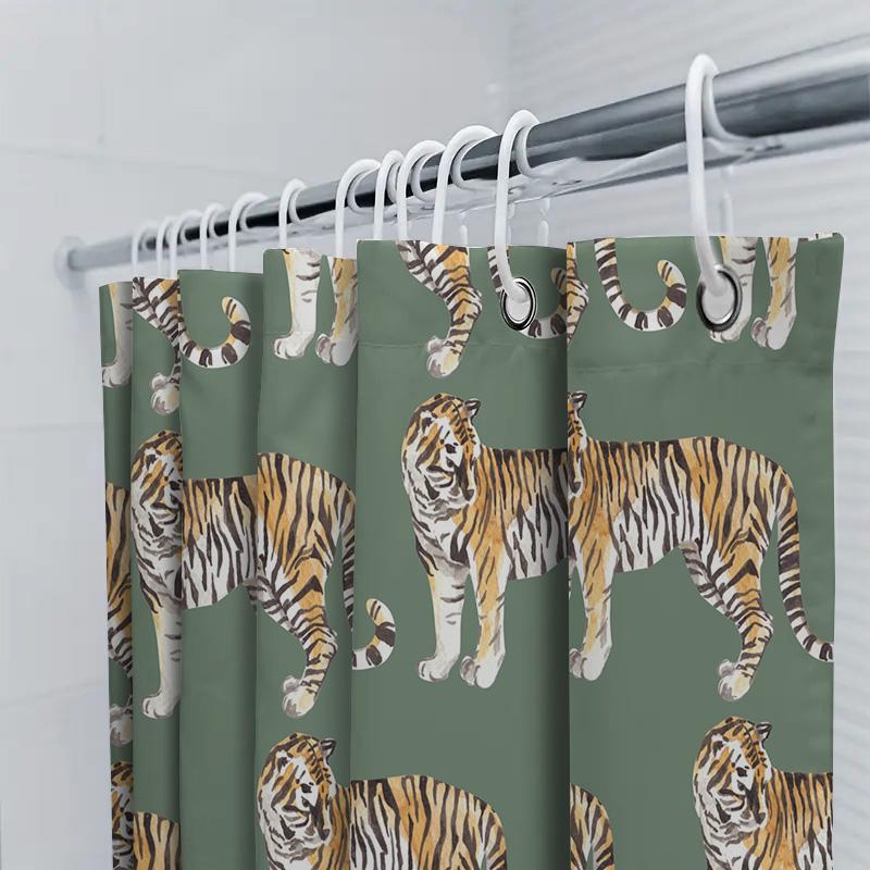 Стильная шторка для душа с тигровым принтом для декора ванной комнаты, персонализированная с пользовательским именем, с зеленым фоновым узором, украшение для дома.