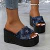 Vintage Denim Chunky Platform Sandals Women Summer Peep Toe Wedge Slippers Woman Stars Printed Thick Bottom Slides Plus Size 43
