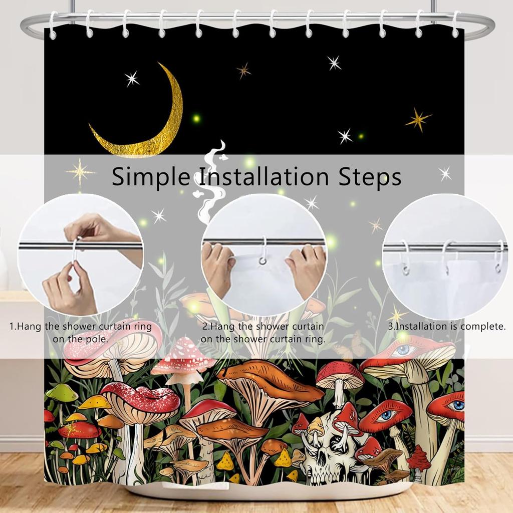 Renaiss 72X72 Inches Funny Frog Mushroom Shower Curtain Boho Moon Stars Rustic Wildflower Nature Botanical Black Fabric Shower C