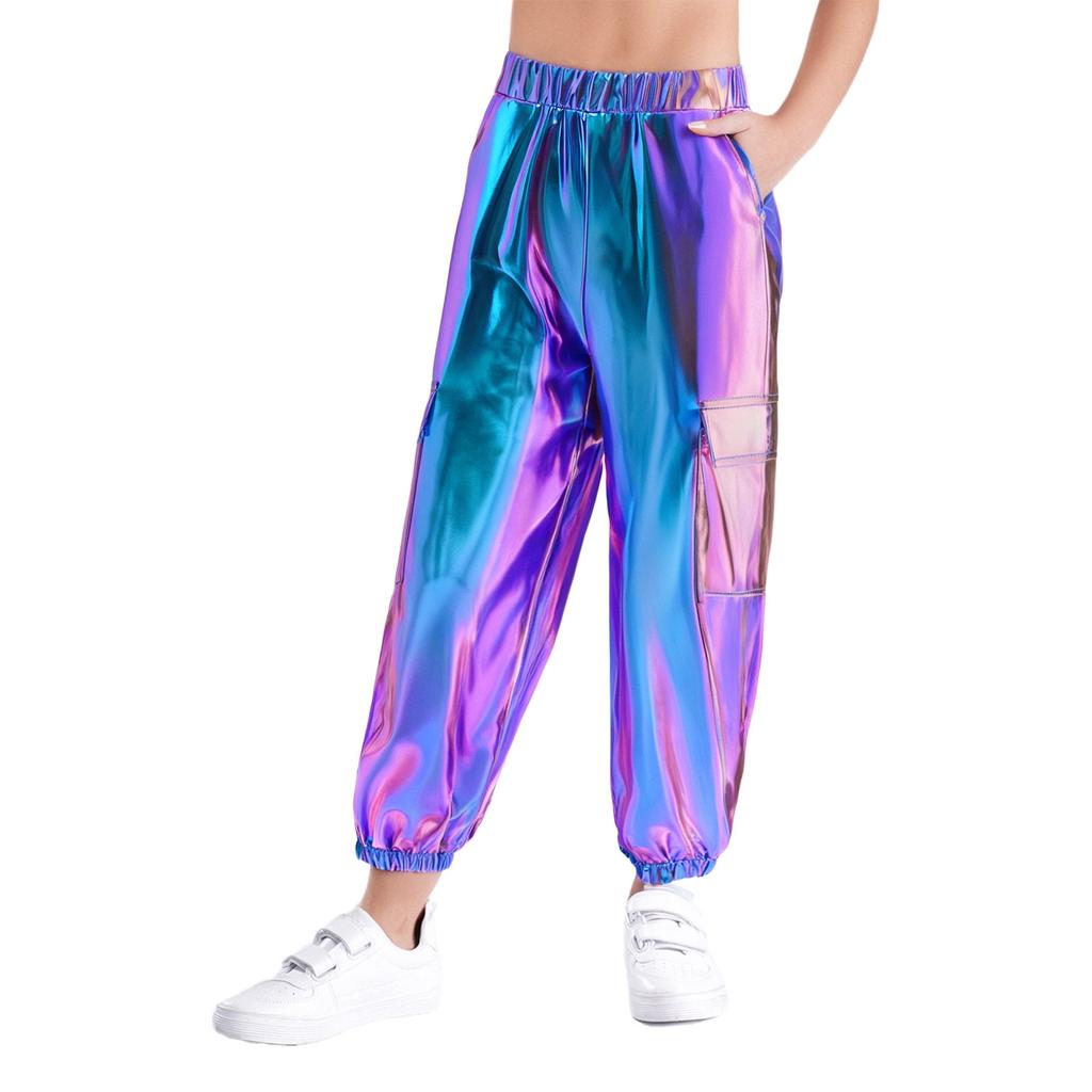 Unisex Kids Metallic Shiny Pants Elastic Waistband Design Hip Hop Jazz Dance Trousers